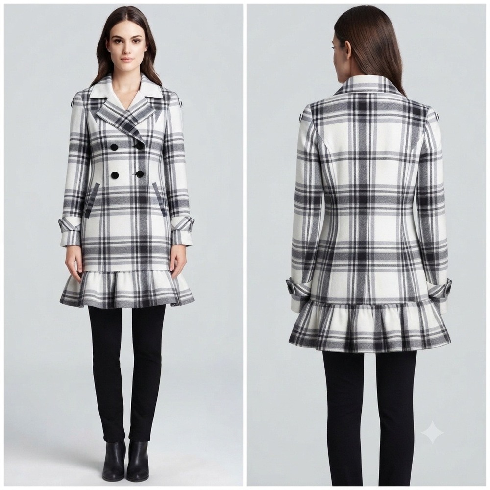 Kensie Coat Womens Small Plaid Ruffle Hem Double Breasted Pea Black White